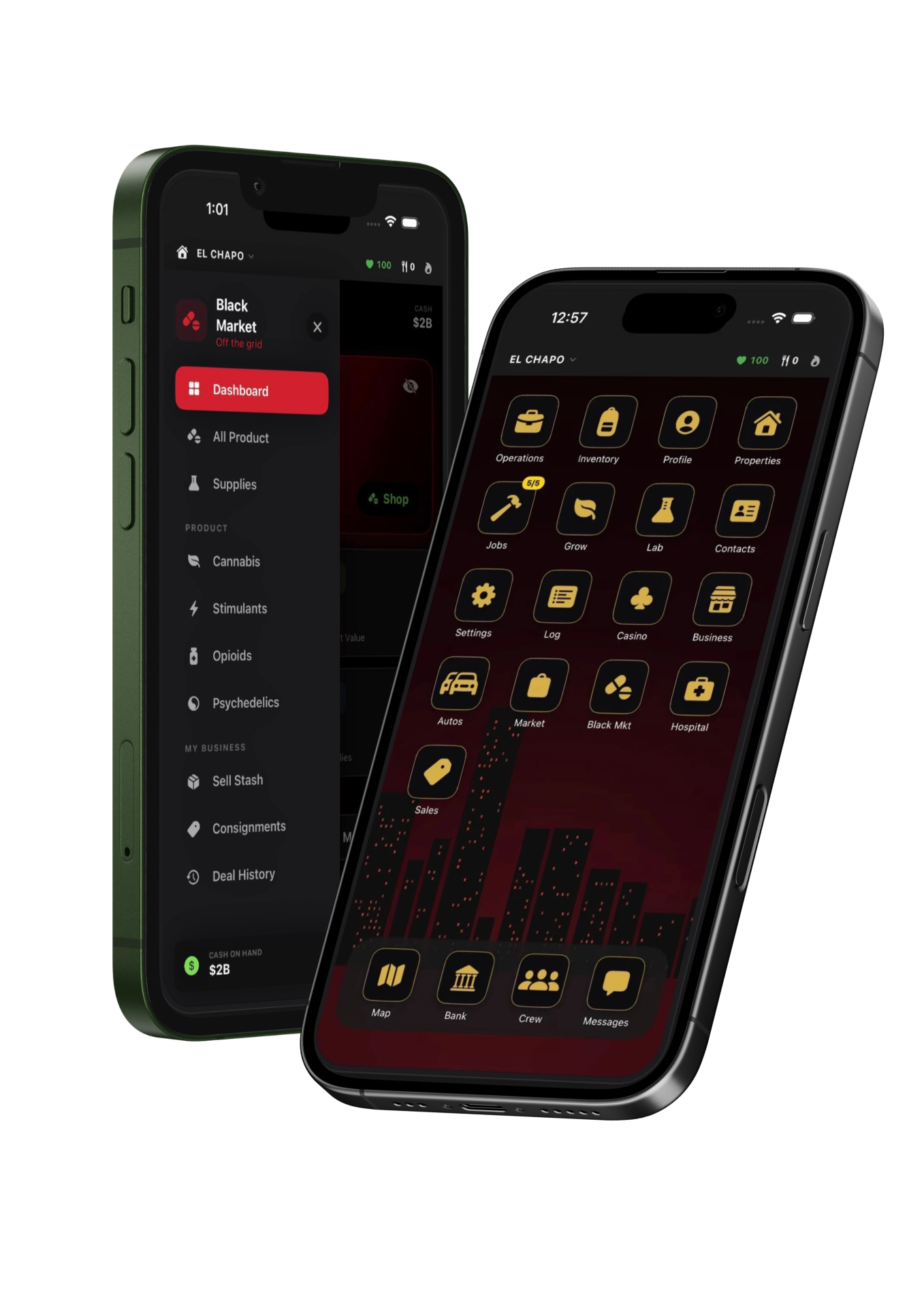 Free Roam iPhone app showing the Black Market side menu and the El Chapo home dashboard with operations, inventory, jobs and crew